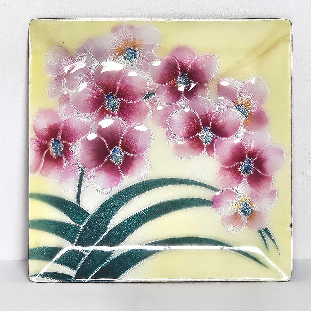 Vintage 1950's Tutanka Japanese Cherry Blossom Cloisonne Enamel Plate 7" x 7"